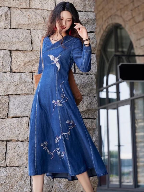 Women Long Sleeve Vintage A-Line Midi Dress Chinese Style Embroidery Jeans Dress V-Neck Denim Dress