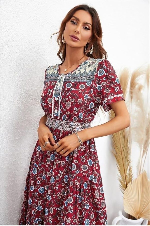Boho Floral Maxi Women Summer Short Sleeve High Waist A Line Long Beach Dress Lightweight Casual Vacation Skirt