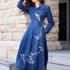 Women Long Sleeve Vintage A-Line Midi Dress Chinese Style Embroidery Jeans Dress V-Neck Denim Dress