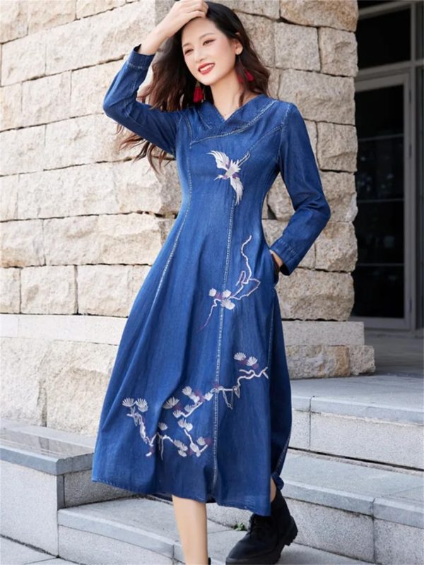 Women Long Sleeve Vintage A-Line Midi Dress Chinese Style Embroidery Jeans Dress V-Neck Denim Dress