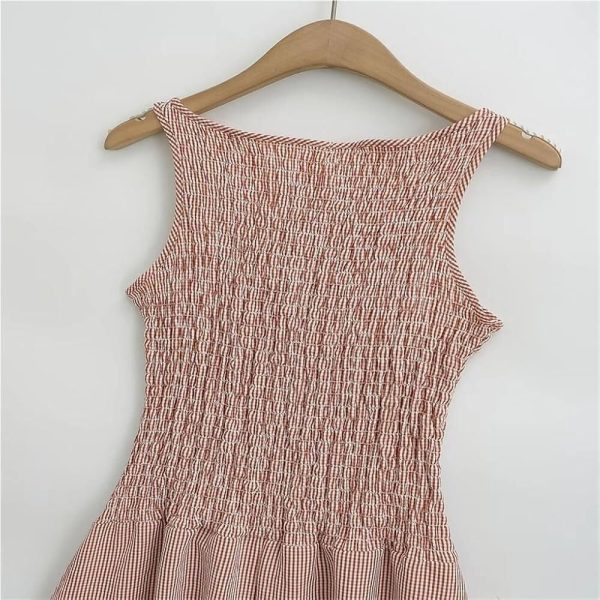 Smocked Bodice Midi Dress Women Sleeveless Textured Pattern Summer Casual Skirt for Daily Vacation Outfits