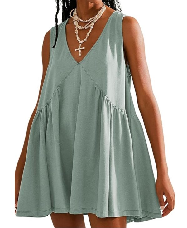 Women's V Neck Sleeveless Mini Dress Loose Summer Pleated Swing Flowy Sundress