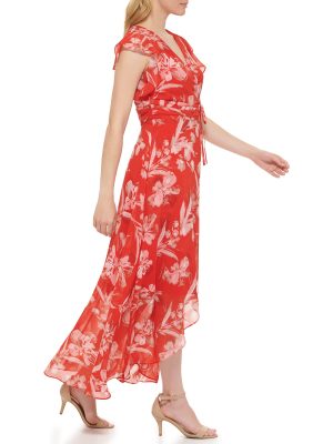 Women's Wrap Floral Hi-lo Maxi Dress – Flutter Sleeve Printed Chiffon Gown