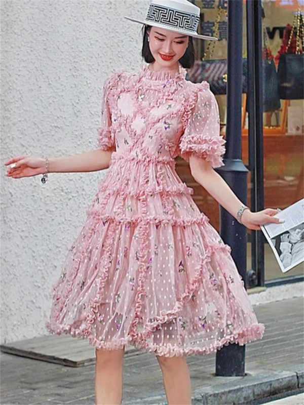 Women Embroidered Ruffle Summer Dress Light Short Sleeve Temperament Flower Dress