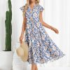 Womens Summer Floral Midi Dresses Short Sleeve Beach Wedding Guest Dress Drawstring Long Flowy Dress with Pockets