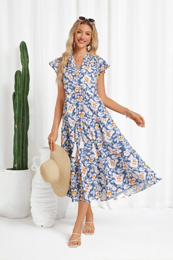 Womens Summer Floral Midi Dresses Short Sleeve Beach Wedding Guest Dress Drawstring Long Flowy Dress with Pockets