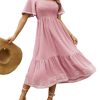 Women's Short Sleeve Smocked Square Neck A Line Summer Flowy Maxi Long Dress