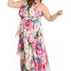 Flowing Watercolor Floral Halter Maxi Dress W/Tiered Ruffle Hem