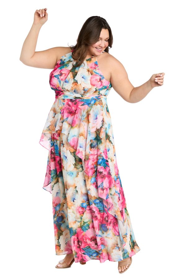 Flowing Watercolor Floral Halter Maxi Dress W/Tiered Ruffle Hem