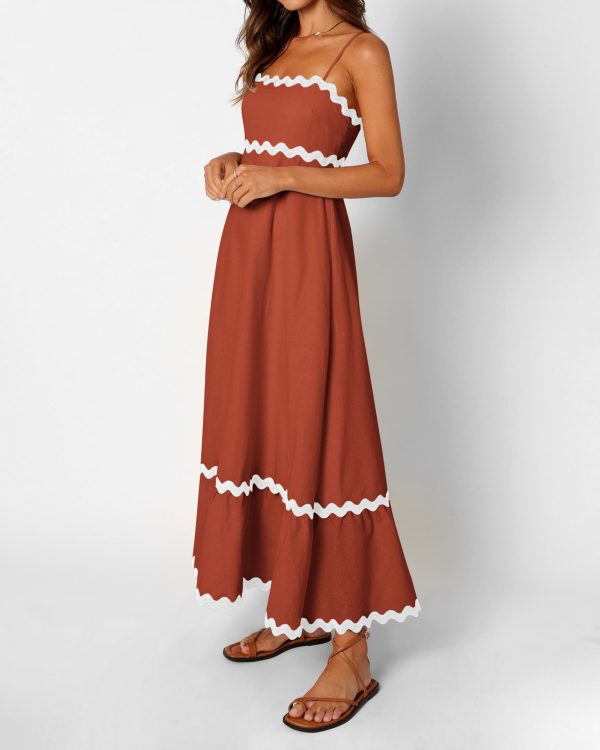 Women Summer Dresses 2025 Spaghetti Straps Sleeveless Smocked Rickrack Trim Boho Flowy Loose A-Line Midi Dress