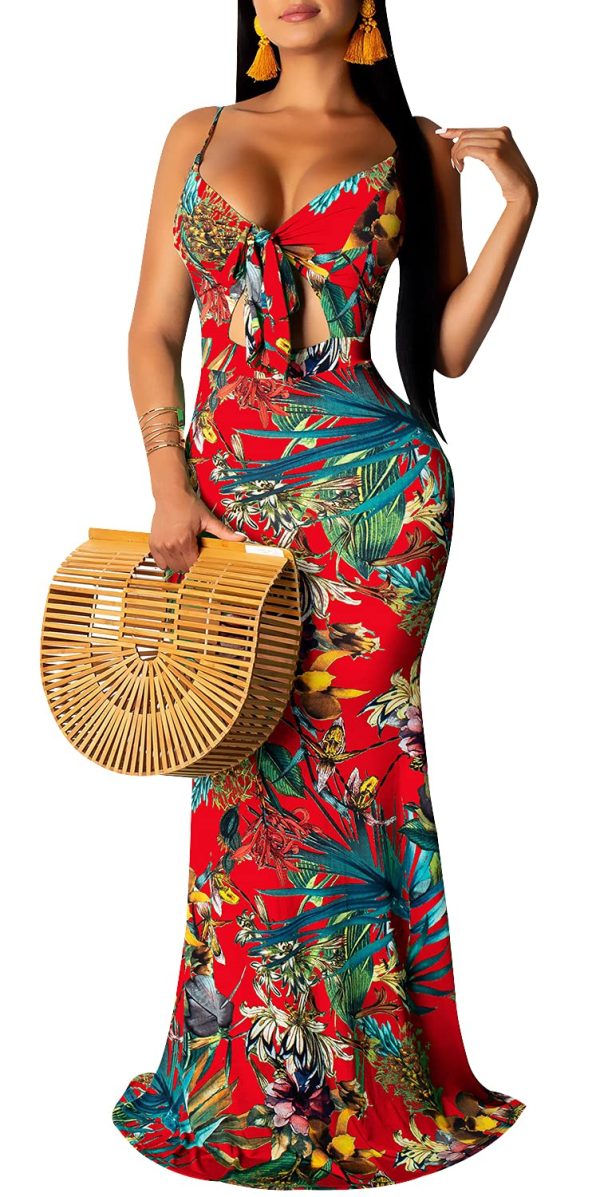Women's Summer Floral Spaghetti Strap Long Maxi Dresses Low-Cut Bohemian Beach Sundress
