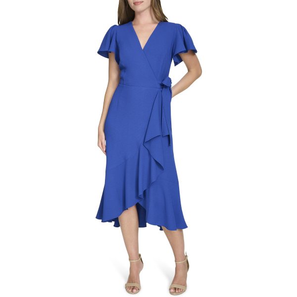 Women's V Neckline Midi Length Short Flutter Sleeve Dress