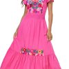 Women's Summer Maxi Dress Casual Floral Embroidered Round Neck Short Sleeve Ruffle Tiered Dress Flowy Boho Beach Sundress