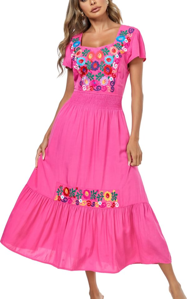 Women's Summer Maxi Dress Casual Floral Embroidered Round Neck Short Sleeve Ruffle Tiered Dress Flowy Boho Beach Sundress
