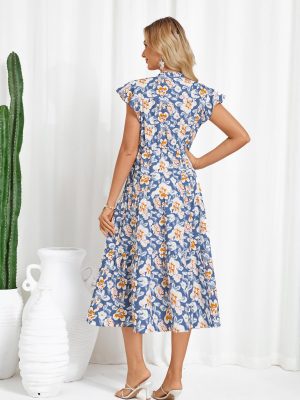 Womens Summer Floral Midi Dresses Short Sleeve Beach Wedding Guest Dress Drawstring Long Flowy Dress with Pockets