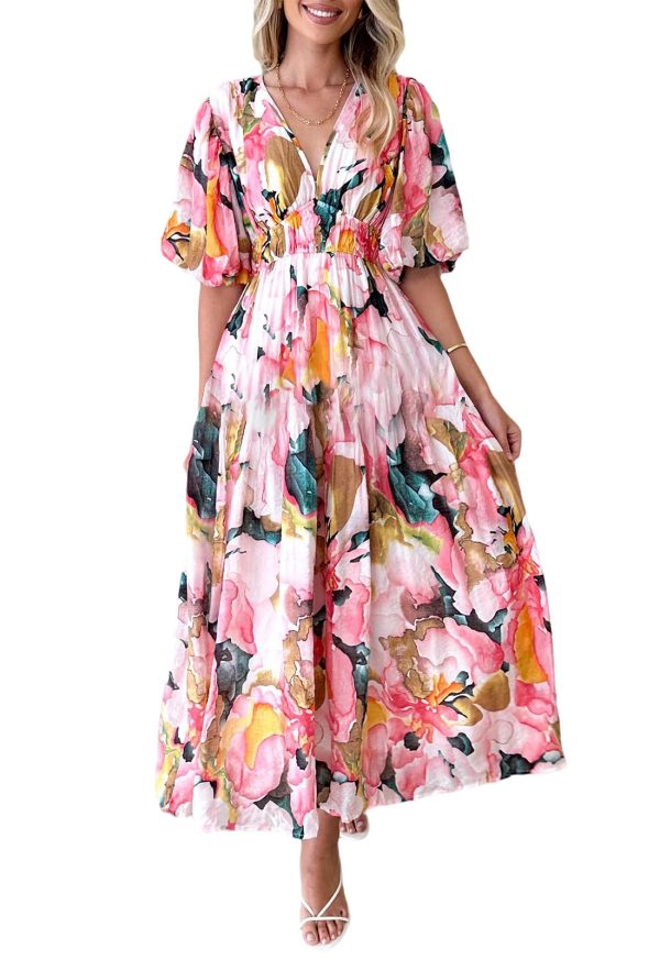 Women's Boho Floral Midi Dress Smocked Beach Flowy Dress