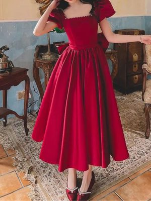 Women’S Beaded Bow Accent Midi Dress - Square Neck Satin for Spring Weddings & Parties