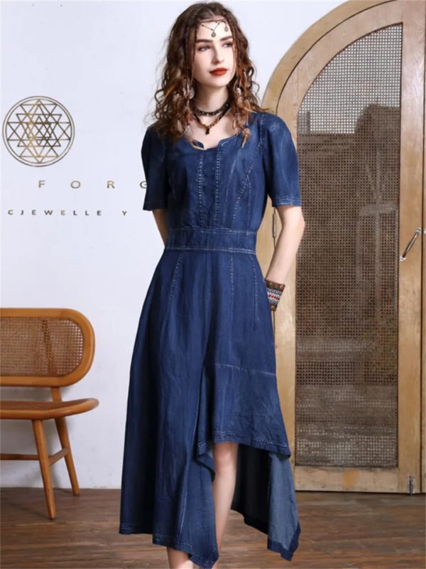 Women Summer Asymmetrical Puff Sleeve Vintage A-Line Jeans Dress V-Neck High Waisted Irregular Denim Dress