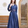 Women Vintage Blue A-Line High Waisted Retro Dresses Three Sleeve Belt Embroidery Denim Dress