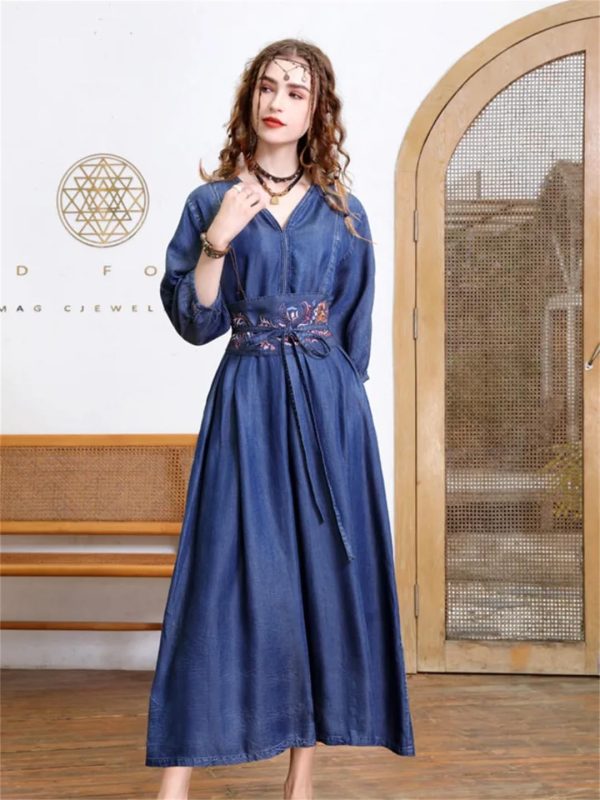 Women Vintage Blue A-Line High Waisted Retro Dresses Three Sleeve Belt Embroidery Denim Dress