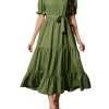 Women's Tiered Midi Dress with Tie Waist Flowy Summer Casual Short Sleeve Boho Swing Dress with Pocket