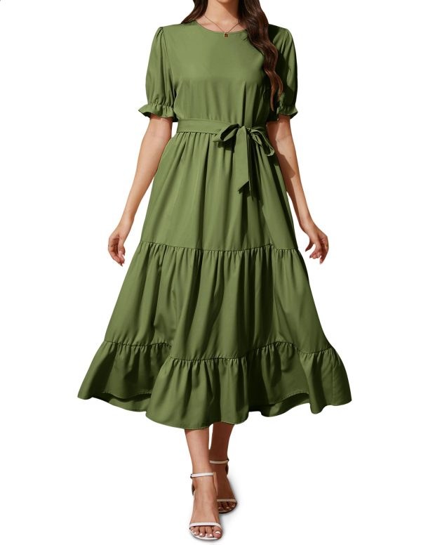 Women's Tiered Midi Dress with Tie Waist Flowy Summer Casual Short Sleeve Boho Swing Dress with Pocket