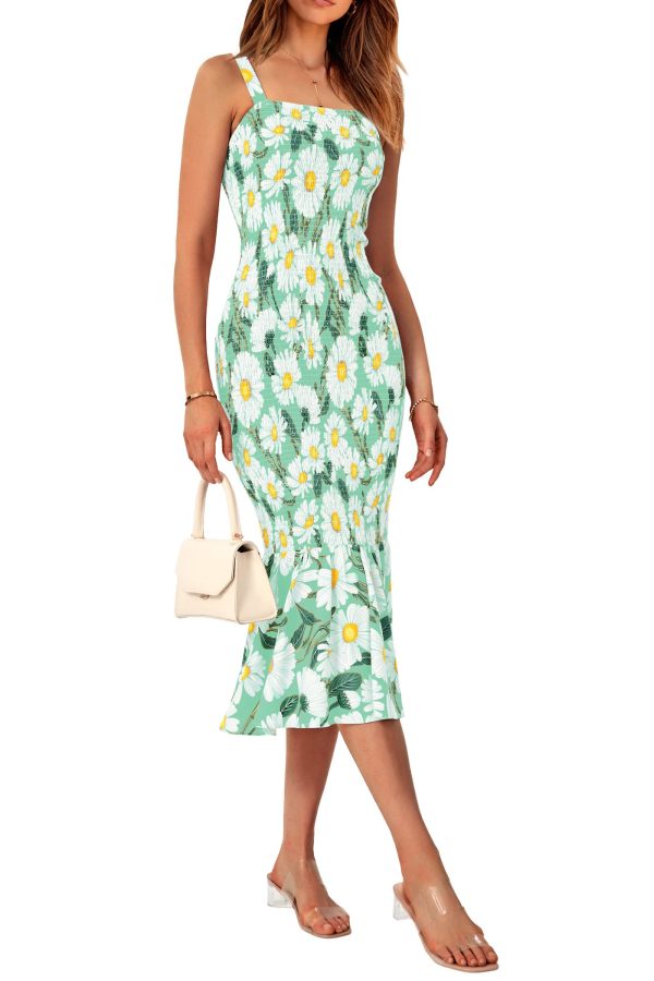 Women's Summer Floral Midi Tank Dress Sleeveless Strappy Ruffle Hem Smocked Bodycon Dresses