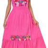 Women's Summer Maxi Dress Casual Floral Embroidered Round Neck Short Sleeve Ruffle Tiered Dress Flowy Boho Beach Sundress