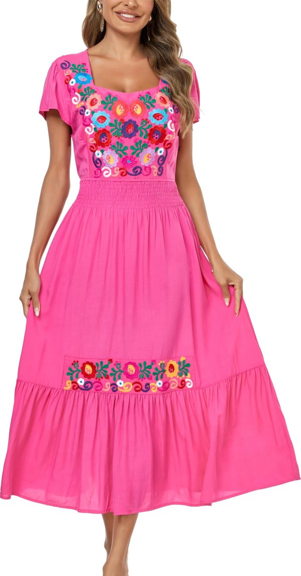 Women's Summer Maxi Dress Casual Floral Embroidered Round Neck Short Sleeve Ruffle Tiered Dress Flowy Boho Beach Sundress