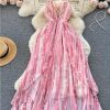 Printed Backless Dress Women Summer Criss Cross Flared Midi Beach Skirt Holiday Pleated Party Outfit