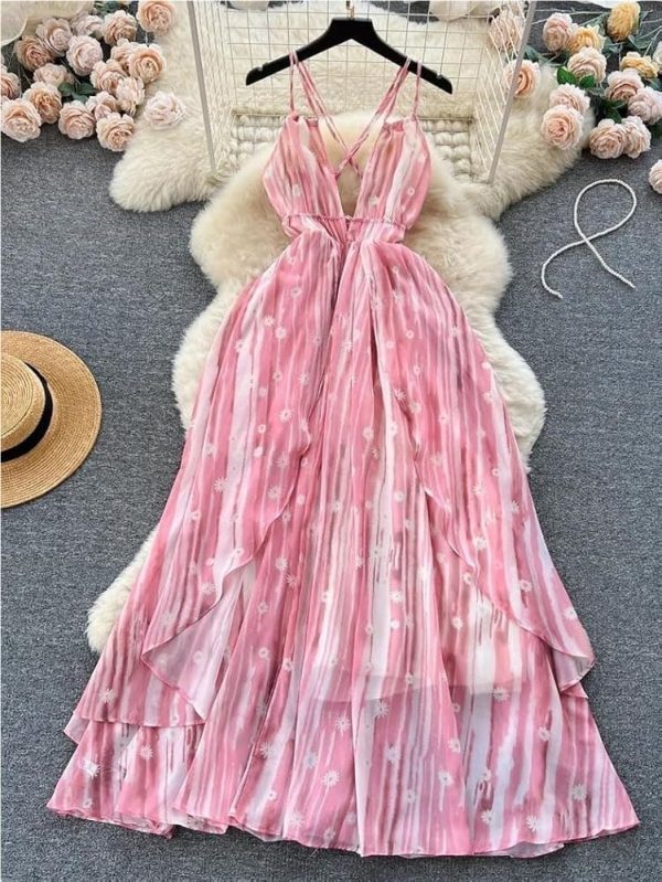 Printed Backless Dress Women Summer Criss Cross Flared Midi Beach Skirt Holiday Pleated Party Outfit