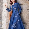 Women Long Sleeve Vintage A-Line Midi Dress Chinese Style Embroidery Jeans Dress V-Neck Denim Dress