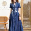 Women Summer Vintage Single Breasted A-Line Denim Dress V-Neck Embroidery Split Joint Dresses