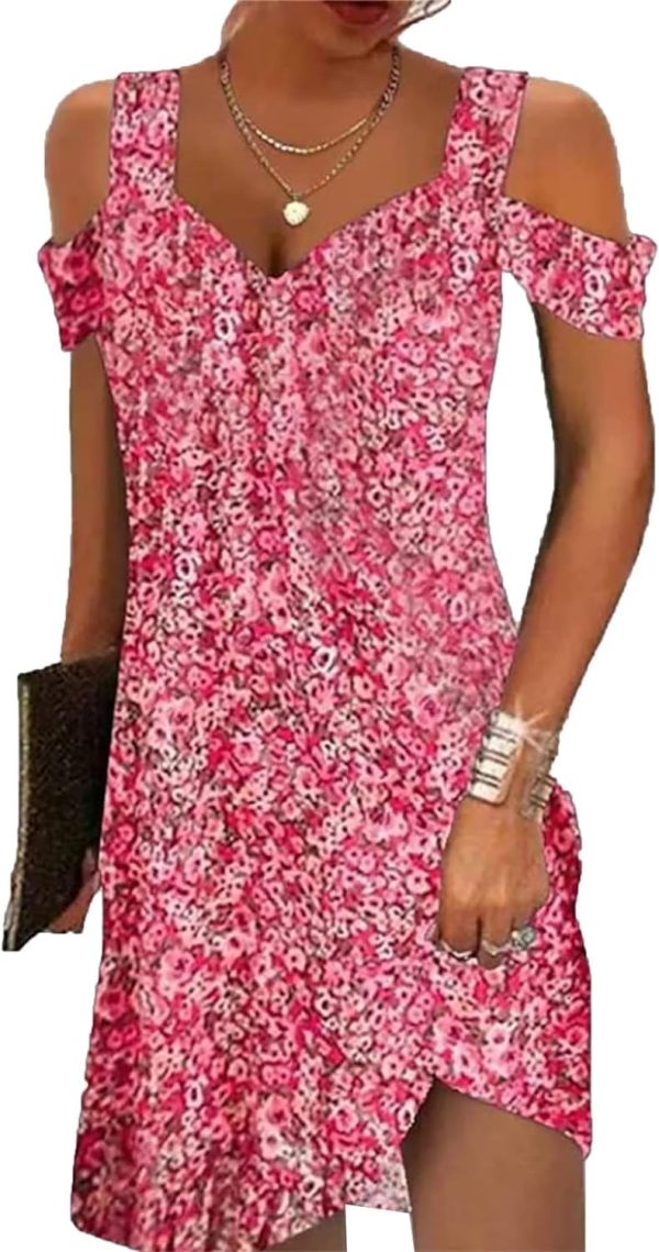 Summer Dresses for Women 2025 Cold Shoulder V Neck Vintage Print A-Line Dress Beach Vacation Boho Mini Sundress