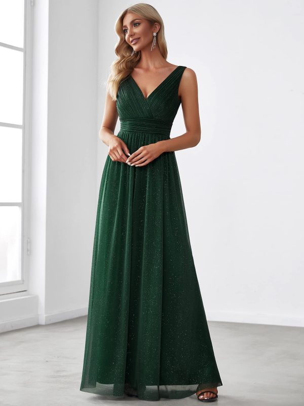 Women's V-Neck High Wasit Glitter Maxi Evening Dress 07764-USA
