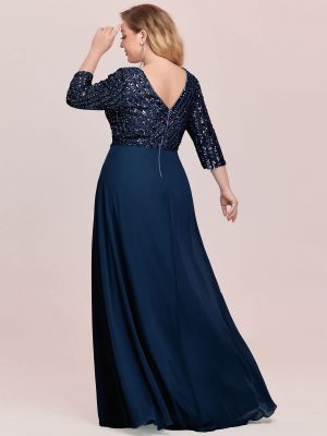Women's Plus Size V-Neck Sparkle Sequins Chiffon 3/4 Sleevess Formal Dresses 0751-PZ