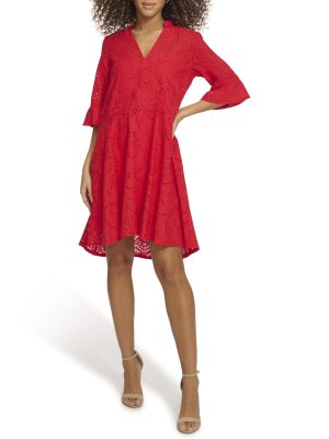 Women's 1/4 Sleeve V-Neck A-line Mini Dress