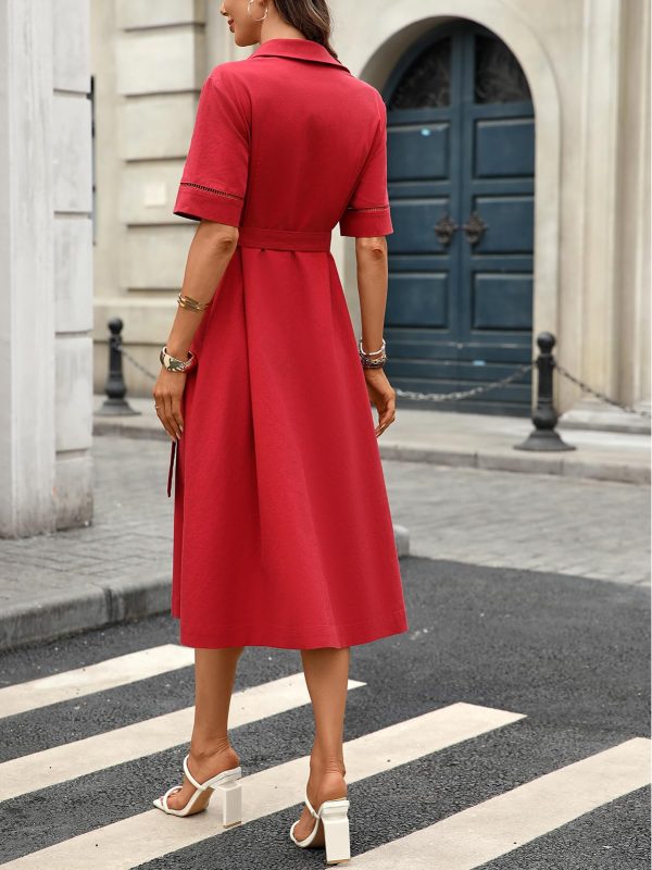 Women's Linen Button Down Shirt Dress Collared Short Sleeve Midi Belt Dresses with Pockets