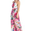 Flowing Watercolor Floral Halter Maxi Dress W/Tiered Ruffle Hem