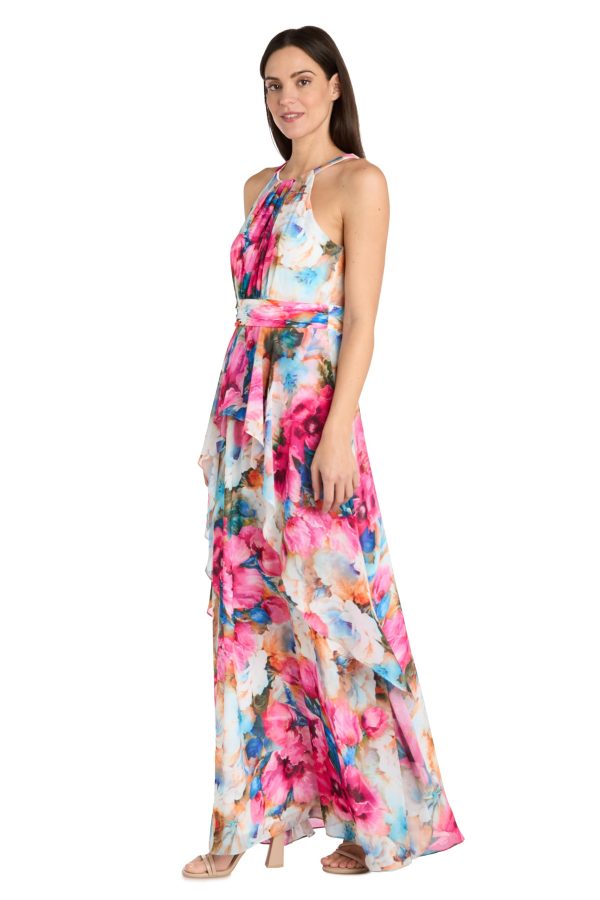 Flowing Watercolor Floral Halter Maxi Dress W/Tiered Ruffle Hem