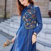 Women A-Line Denim Dress Embroidery Floral Vintage Midi Dress Long Sleeve Slim Joint Jeans Dress