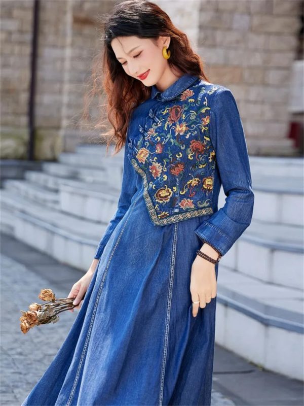 Women A-Line Denim Dress Embroidery Floral Vintage Midi Dress Long Sleeve Slim Joint Jeans Dress