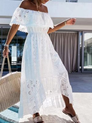 Women's Boho Maxi Dress Lace Up Tassel V-Neck Flare Ruffle Fringed Beach Summer Dresses