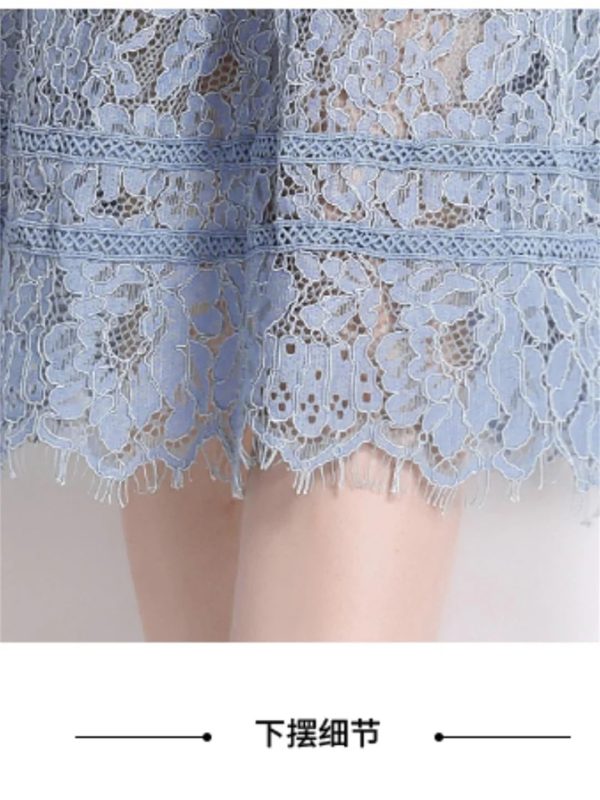 Womens Big Swing Lace Hollow Out Dress Vintage Elegant Slim High Waist Single Breasted Sexy V-Neck Dress
