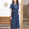 Women Summer Sleeveless Denim Dress V-Neck Zipper Embroidery Vintage Midi Dress Pockets Overall Jeans Dress