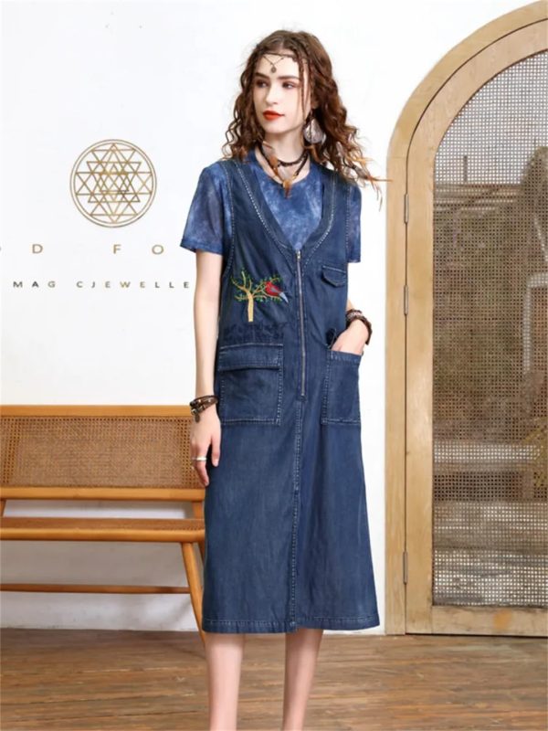 Women Summer Sleeveless Denim Dress V-Neck Zipper Embroidery Vintage Midi Dress Pockets Overall Jeans Dress