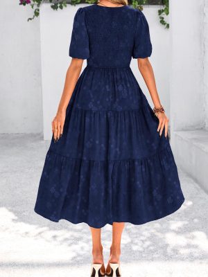 Womens Summer Dresses Wedding Guest Floral Midi Sundress Short Puff Sleeve Flowy A Line Smocked Tiered Boho Dress