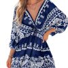 Women Casual Boho Sundress Summer Floral Print Tie Front Dress 3/4 Sleeves Paisley Beach Mini Dresses