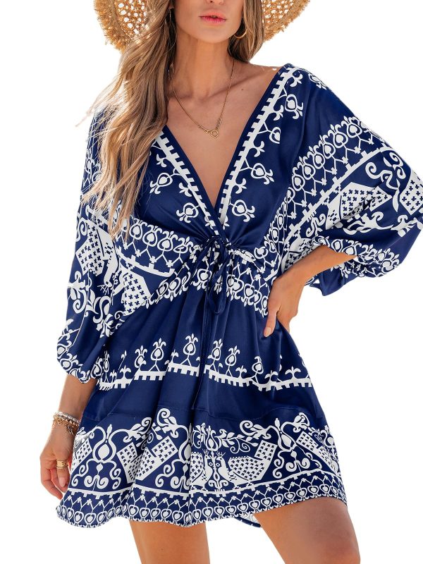 Women Casual Boho Sundress Summer Floral Print Tie Front Dress 3/4 Sleeves Paisley Beach Mini Dresses