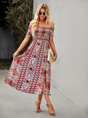 Women's Off The Shoulder Dresses Boho Flowy Smocked Maxi Sundress Beach Vacation Summer Dress 2024